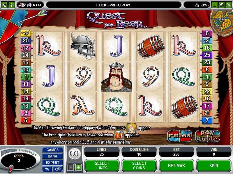 Play Quest For Beer bonus slot machine at Golden Tiger Casino.